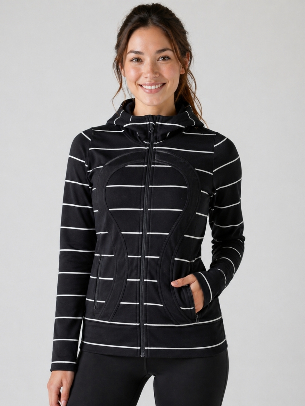 Lululemon Stride Black & White Striped Hooded Zip Jacket, Size 8